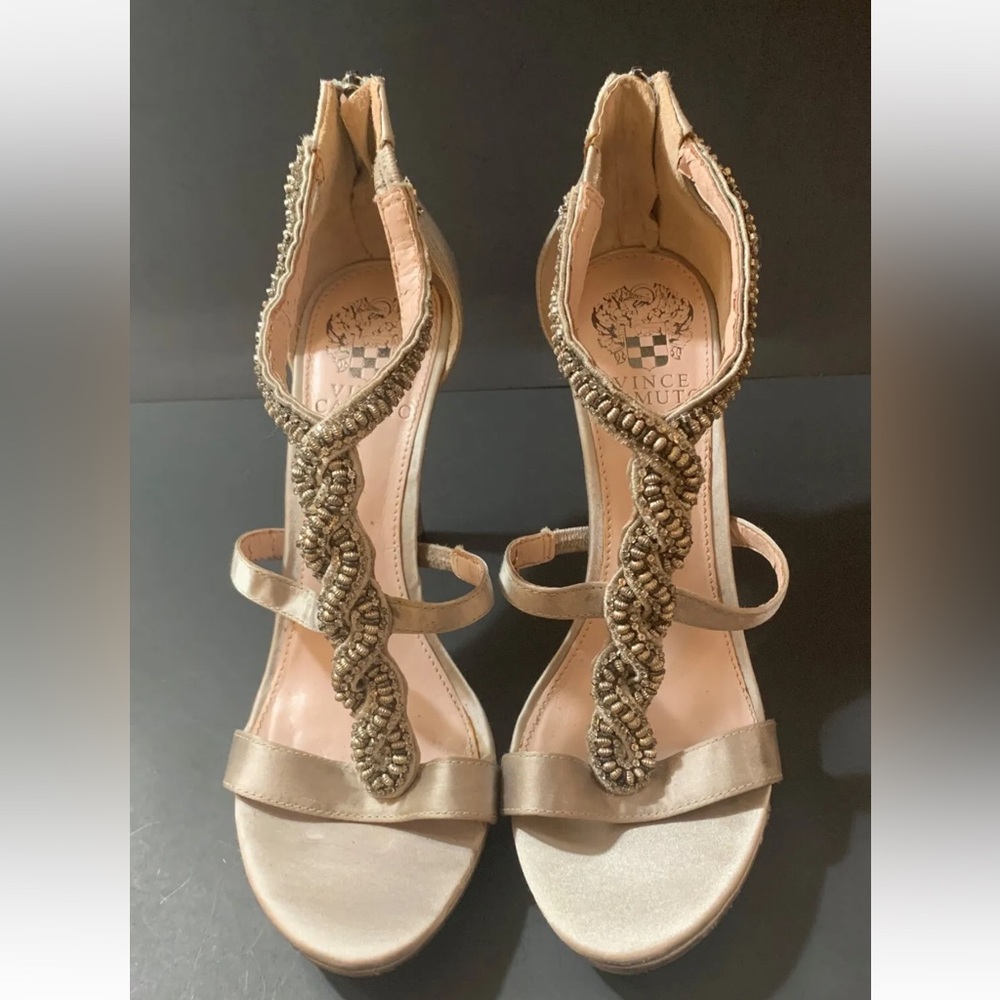Vince Camuto Raizel Satin Beads and Rhinestones Strappy Stilettos 9.5 Sandals